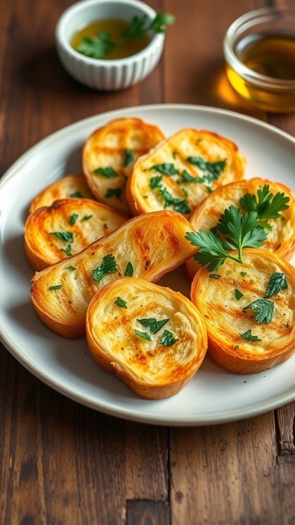 Vegan Garlic Bread Recipe Crispy vegan garlic bread slices topped with garlic and parsley on a rustic wooden table.